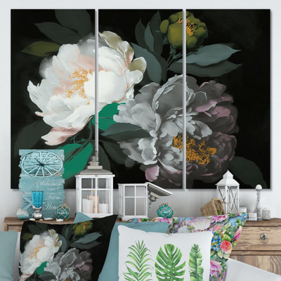 «White Blossoming Peony On», impression sur toile tendue de 3 pièces