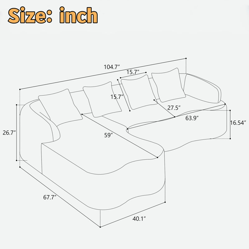 Canapé modulaire en L en chenille à compression complète avec méridienne courbée et coussins, Tissu gris