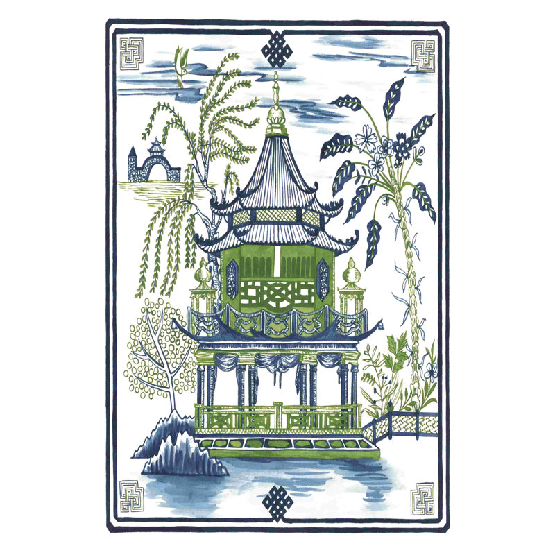 «Pagoda visit I» par Melissa Wang - reproduction d'art sur toile tendue, H 12 po x l 8 po