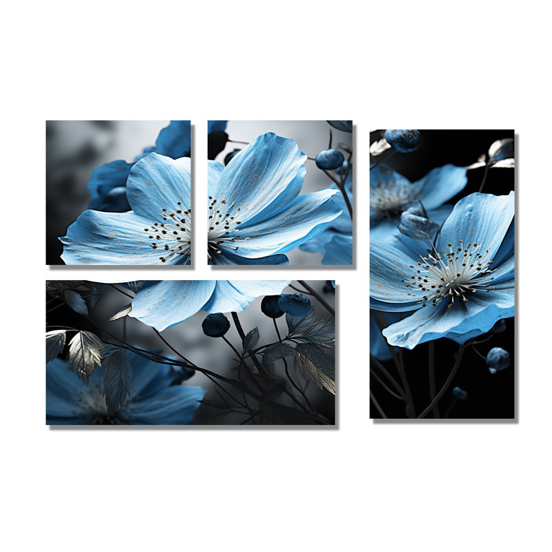 Symphonie botanique grise et bleue I - art mural bleu 4 panneaux, Toile tendue, Ne s’applique pas