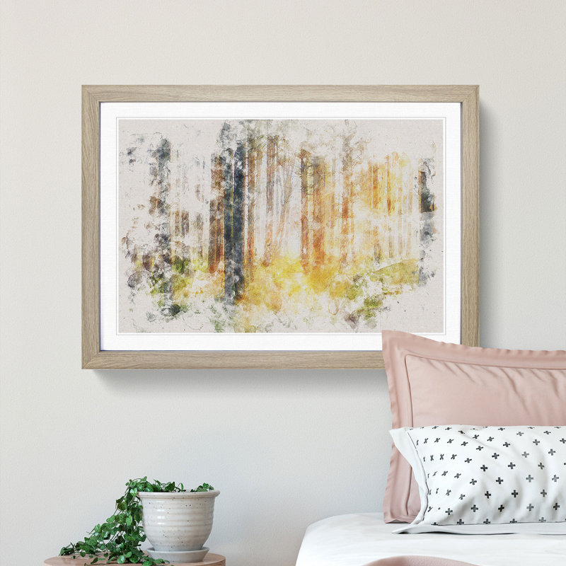 Rays of Light Through an Autumn Forest Watercolour - Picture Frame Graphic Art Print, Oak Framed, 36cm H x 48cm W x 2cm D
