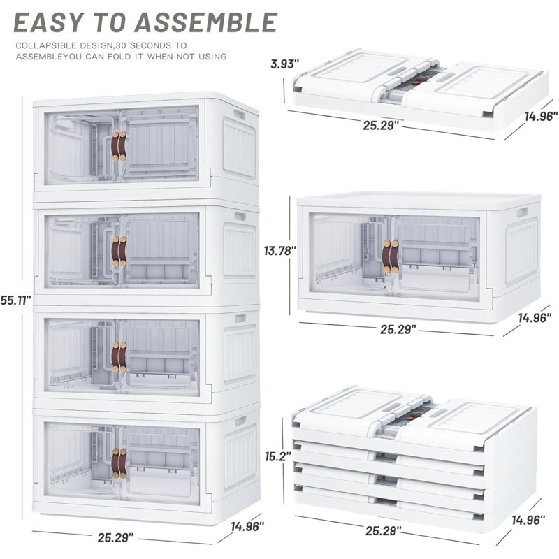 4 Storage Bins With 4 Lids, 78 Qt White Closet Organizers And Storage, 3 Packs Stackable Storage Bins With Wheels,Double Door Collapsible Storage Bins For Home And Office