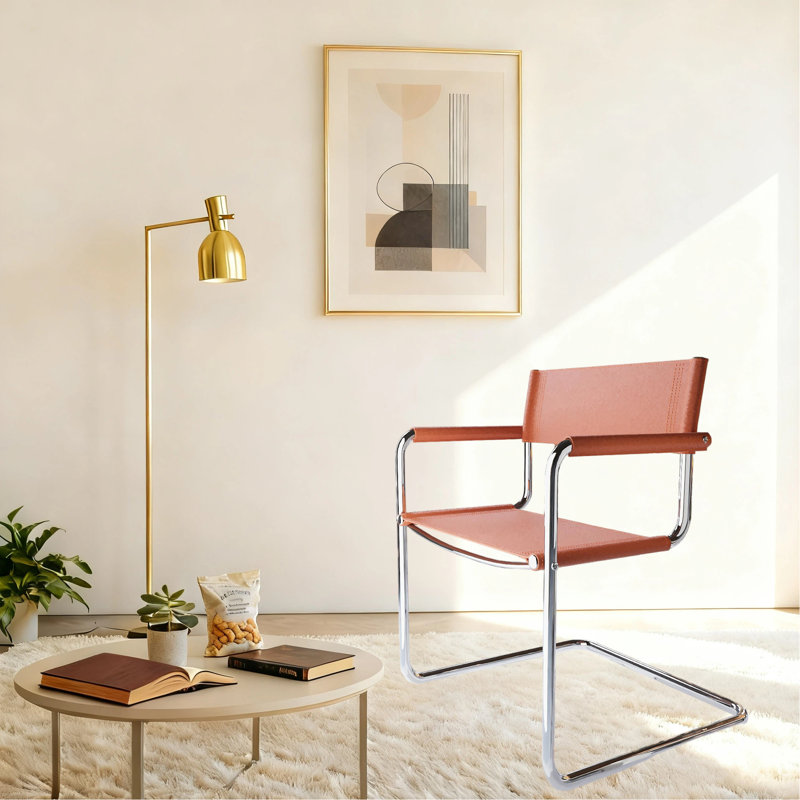 Momei Saddle Leather Accent Armchair with Stainless Steel Metal Frame, Amber