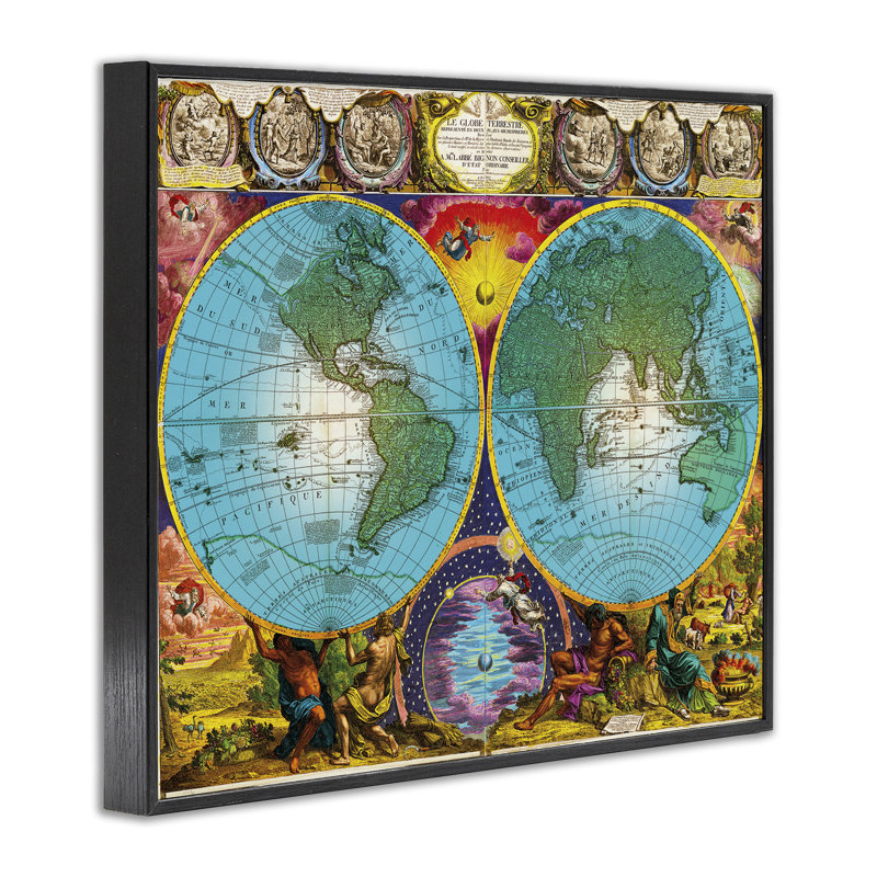 Carte du monde, art de la giclée encadrée par Joseph Burgess, H 11 po x l 14 po, Giclée encadrée noir minuit