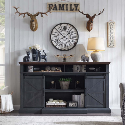 Farmhouse TV Stand for 80 Inch TVs, 38" Tall Entertainment Center w/Storage Cabinets and Sliding Barn Door, Media Console Cabinet