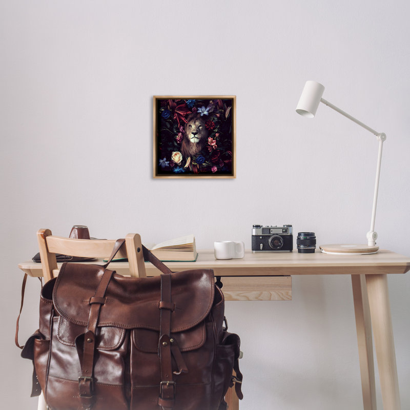 «Lion & Dark Blooms», art mural encadré flottant par Reinders, H 18 po x l 18 po, Cadre flottant orme Montalcino