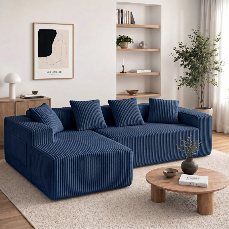 3 Seater Corduroy Sofa & Chaise, Blue, Left Hand Facing