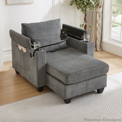 37.4" Convertible Chaise Lounge with USB Ports, Two Cup Holders for Living Room