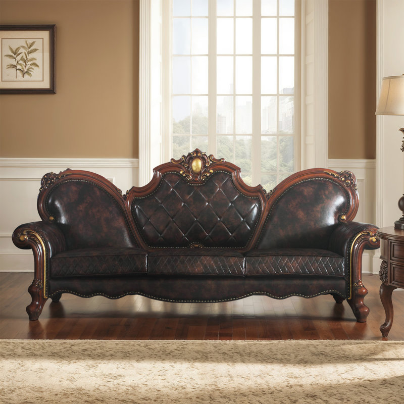 Tazmin Upholstered Loveseat with Rolled Arm, Brown PU, Vintage Cherry Oak, 48" H x 110" W x 39" L