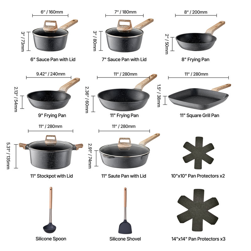 19 - Piece Non-Stick Grey Cookware Set, Black