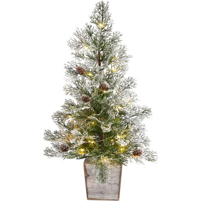  Artificial Frosted Pre-Lit Christmas Tree with Pinecones in Planter 2ft