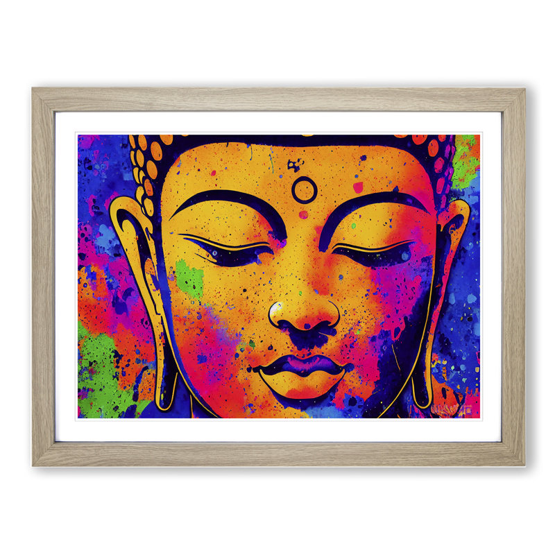 Colourful Buddha Vol.2 Abstract 1 Piece Single Picture Frame Wall Art, 46cm H x 64cm W x 2cm D, Oak