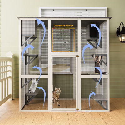 70.9" Outdoor Cat Enclosure In Gray Wood, Asphalt Roof To Keep Cats Dry And Cool, Spacious House With 6 Platforms For Play 2 Napping Boxes, Staggered