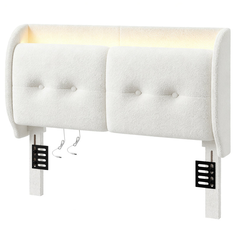 Tête de lit tapissier à oreilles avec tablette de rangement, USB et lumière ambiante, Lit double