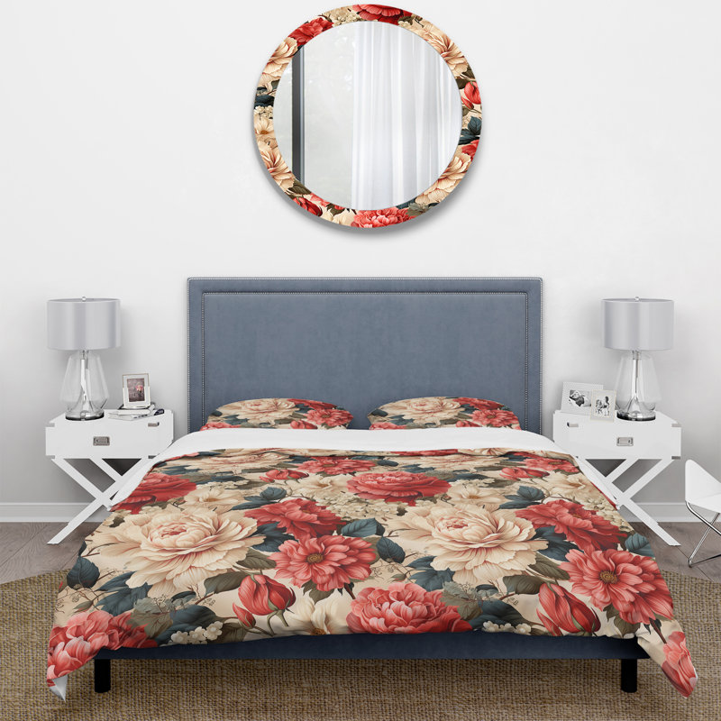 Vintage Pink And Beige Rose Floral Pattern I - Ensemble de housse de couette à motif floral