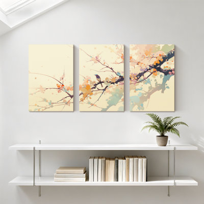 Paysage et nature oiseaux perchés sur des branches fleuries, ensemble de 3 impressions sur toile