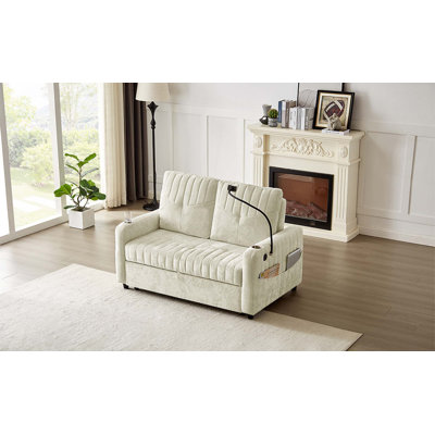 53.9" Modern Loveseat Pull-out Sofa Bed with Adjustable Backrest,Two Cup Holders,a Phone Holder,Three Charging Ports and Side Storage Pockets for Living Room