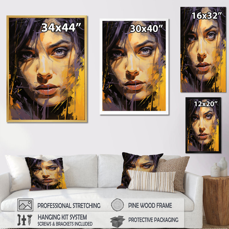 Violet Vergara Portrait Popart I sur impression sur toile, Cadre flottant doré, H 32 po x l 16 po x P 1 po