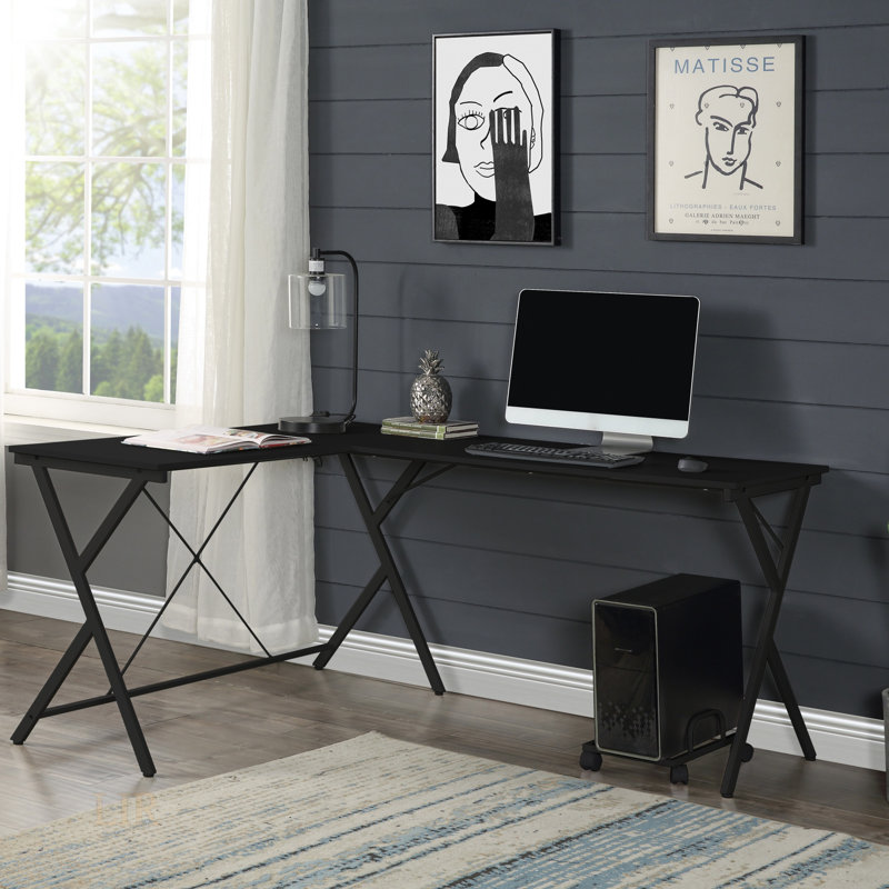 Bureau d'ordinateur en L à finition noire Dazenus avec surface de travail spacieuse et structure en métal robuste pour les espaces compacts