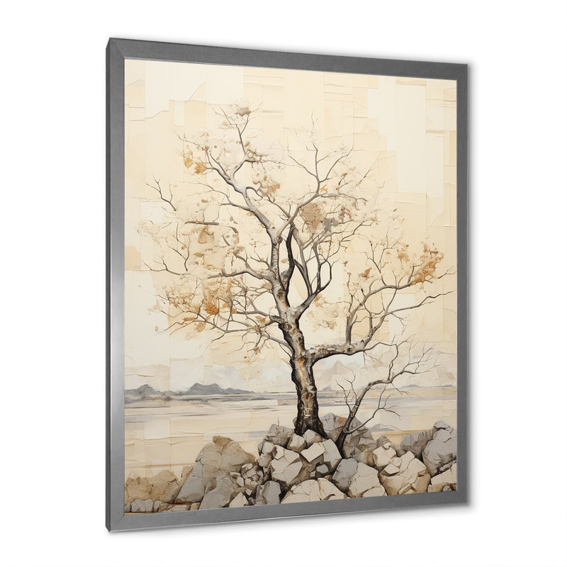 Baobab arbre beige minimalisme II - arbre Baobab Wall Art Living Room, Cadre photo blanc, H 32 po x l 24 po