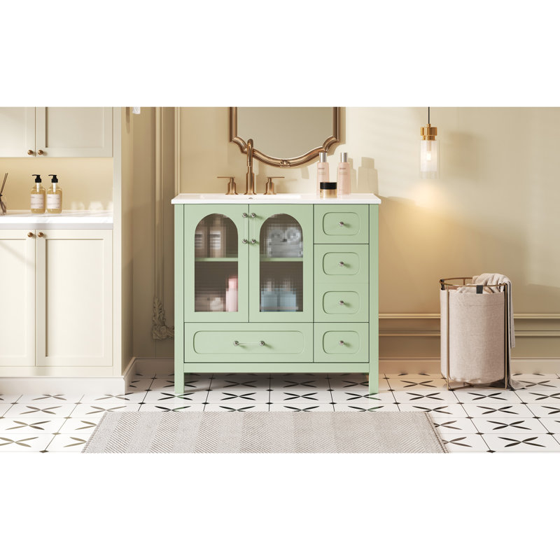 Rangement de salle de bain 36 pouces avec verre texturé gaufré, quatre tiroirs profonds, deux portes, tablette réglable, finition fraîche, poignées, étagères en verre à conception d'armoire sans couture, charnières, silencieux et lisse