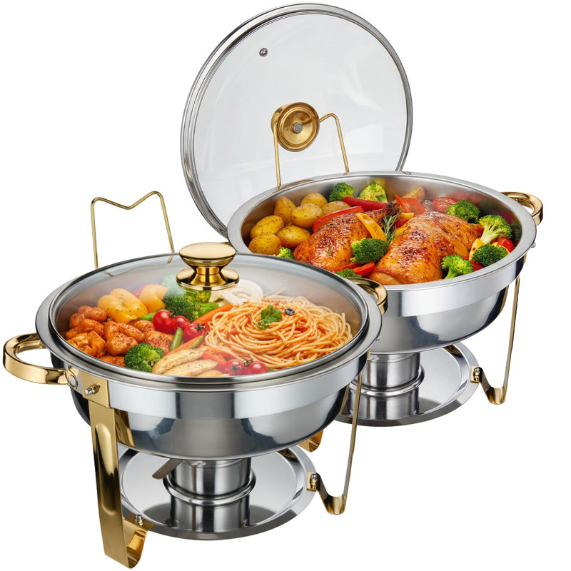 2-Pack 5QT Stainless Steel Round Chafing Dish Set, Buffet Food Warmer with Clear Lid & Fuel Holder, For Weddings, Catering & Home Dining (Gold)
