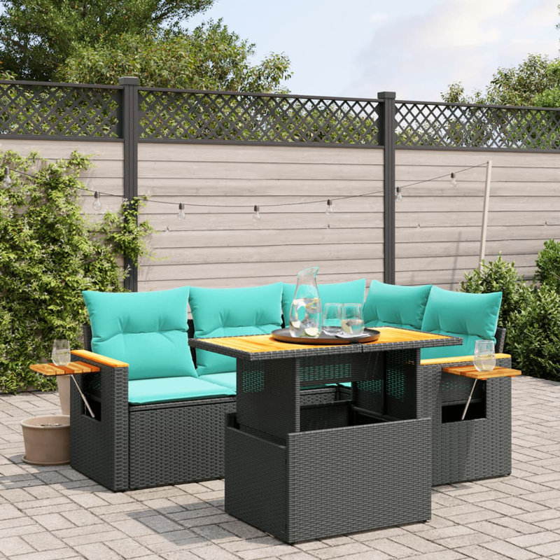  Ensemble de canapé de patio 5 pièces avec coussins en rotin de polyester, Noir, Vert