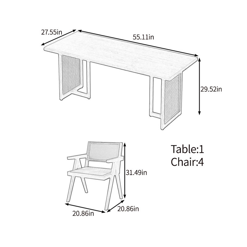Tasteful table set in solid wood, 29.52"H x 55.11"L x 27.55"W