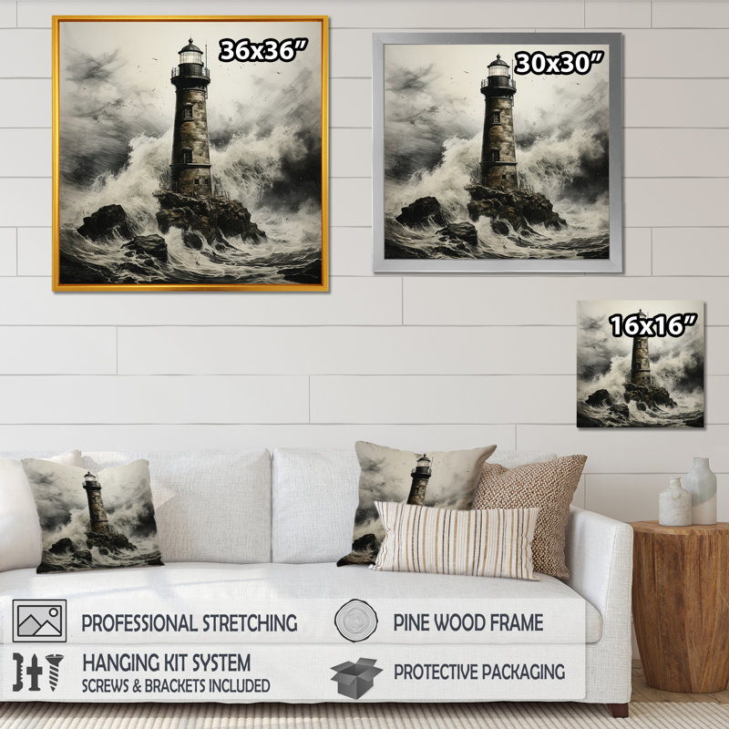 Décoration murale toile de phare «Moody Scenery II», Cadre doré simple, H 30 po x l 30 po x P 1 po