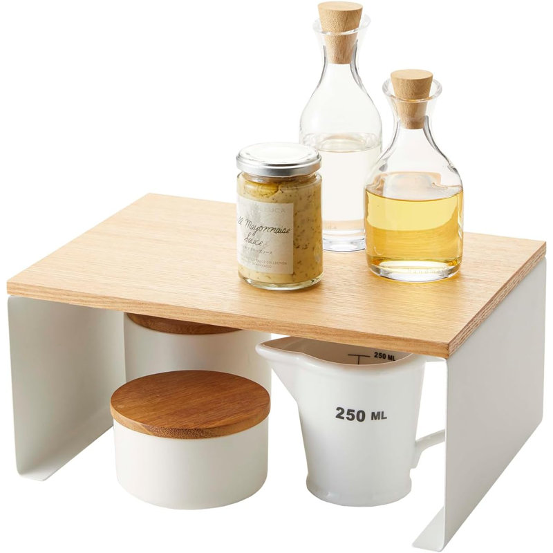 Modern Stackable Kitchen Organizer With Wooden Top - Sturdy Steel Frame Counter Shelf For Stylish Home Storage