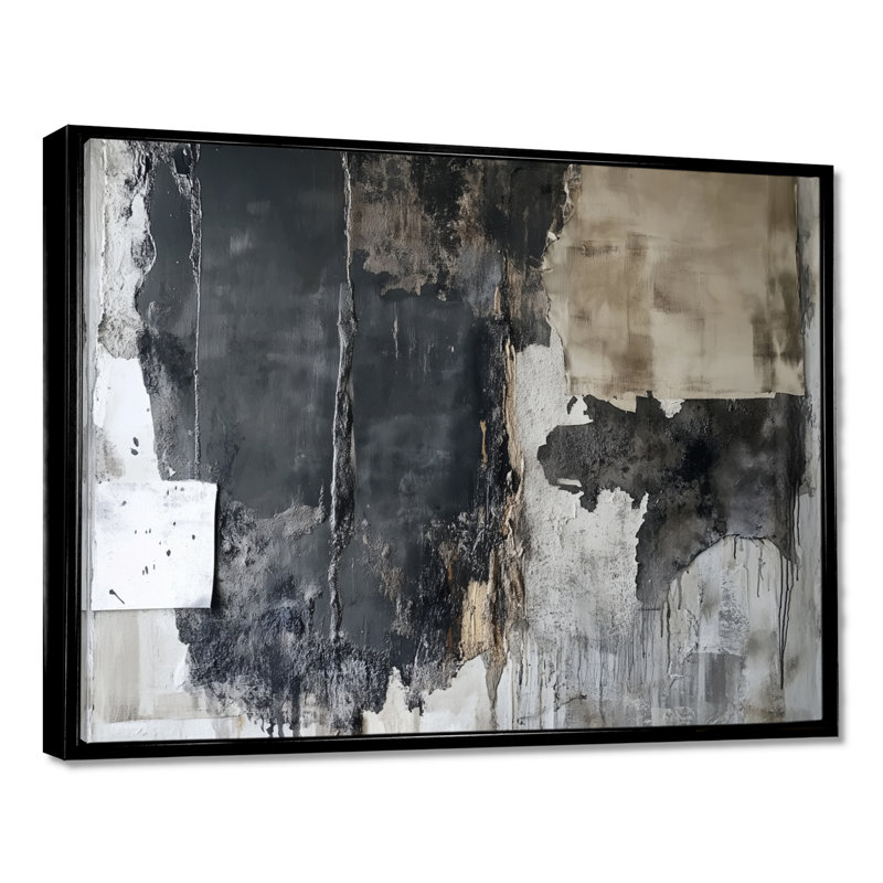 Art mural abstrait gris et noir, toile Collage de dalle, Clarkvale, H 34 po x l 44 po, Cadre flottant noir