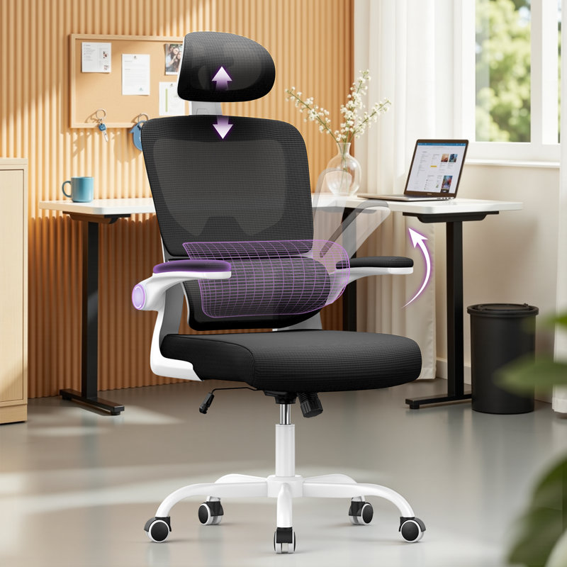 Motonobu Ergonomic Office Chair with Mesh Lumbar Support, Black, White
