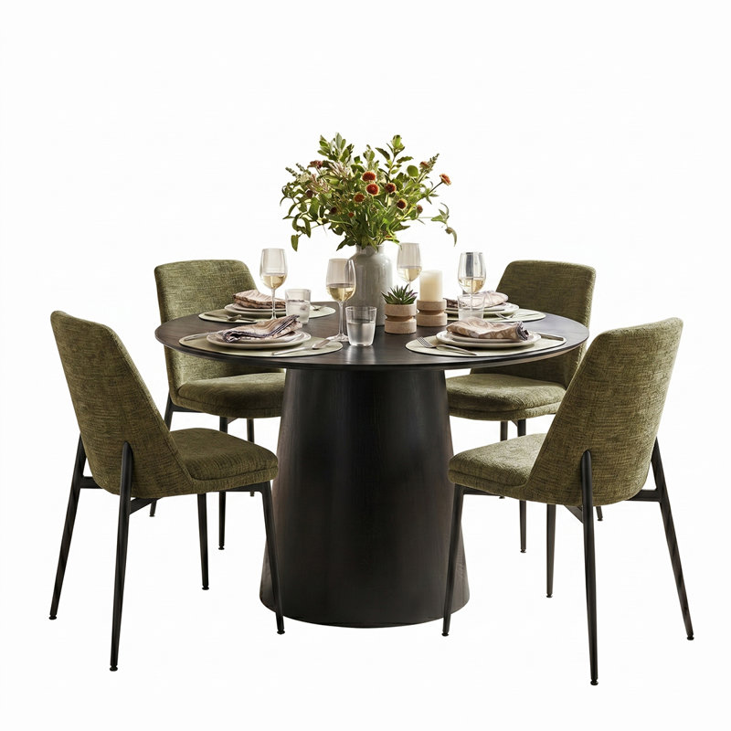 Modern 5-Piece Round Dining Set With Pedestal Base Table And Upholstered Side Chairs, Green