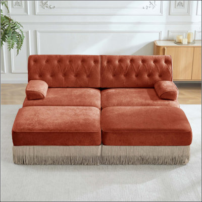 Avec 2 repose-pieds, tissu de velours respirant, jupe à pampilles, canapé de style Chesterfield, combinaison libre, accoudoirs carrés légèrement incurvés, base en bois, facile à assembler, pour le salon