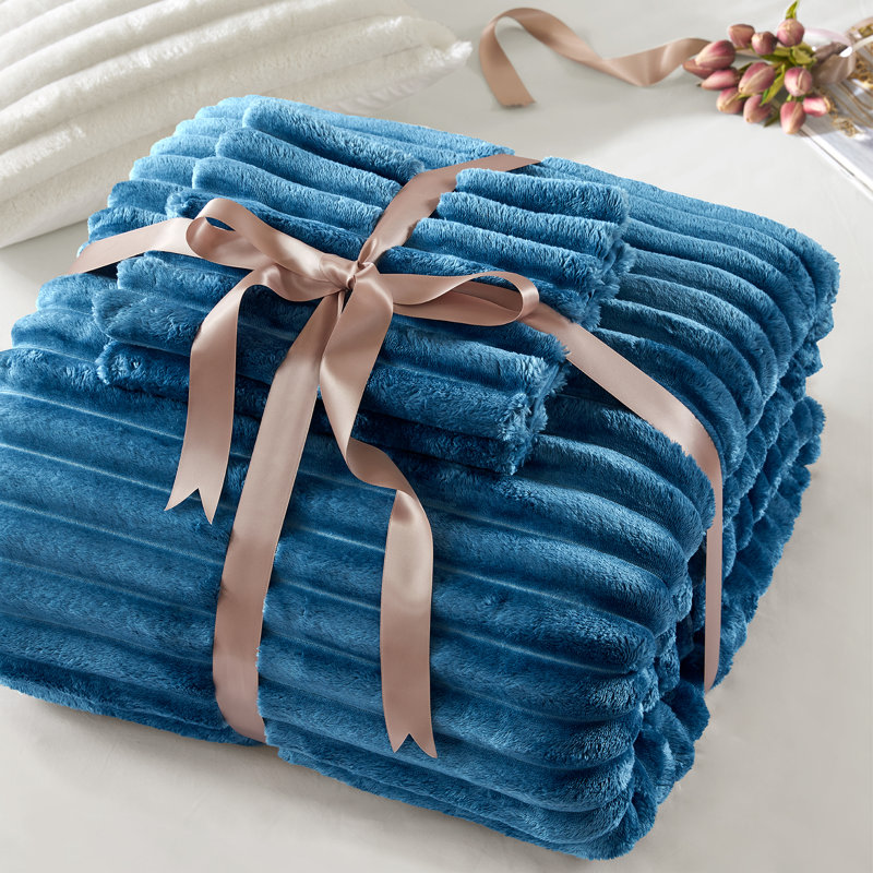 Avril Fluffy Ribbed Plush Comforter Set, Blue, King Comforter + 2 King Shams