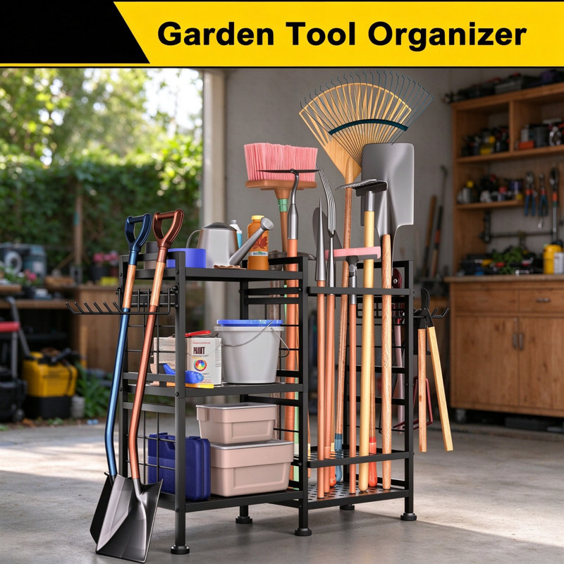 Black 6-Tier Metal Garden Tool Storage Rack, Heavy Duty Shed Storage Organizer, Freestanding Tool Holder for Garage, Yard, Patio, Indoor & Outdoor