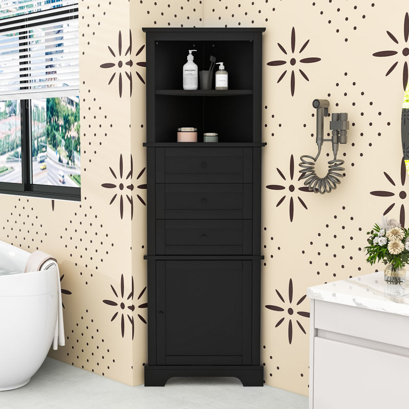 Tall Freestanding Bathroom Corner Cabinet with Adjustable Shelves, Doors and Triangle Drawers, Black