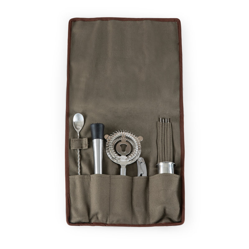 10-Piece Bar Tool Set Roll Up Waxed Canvas Travel Cocktail  Kit