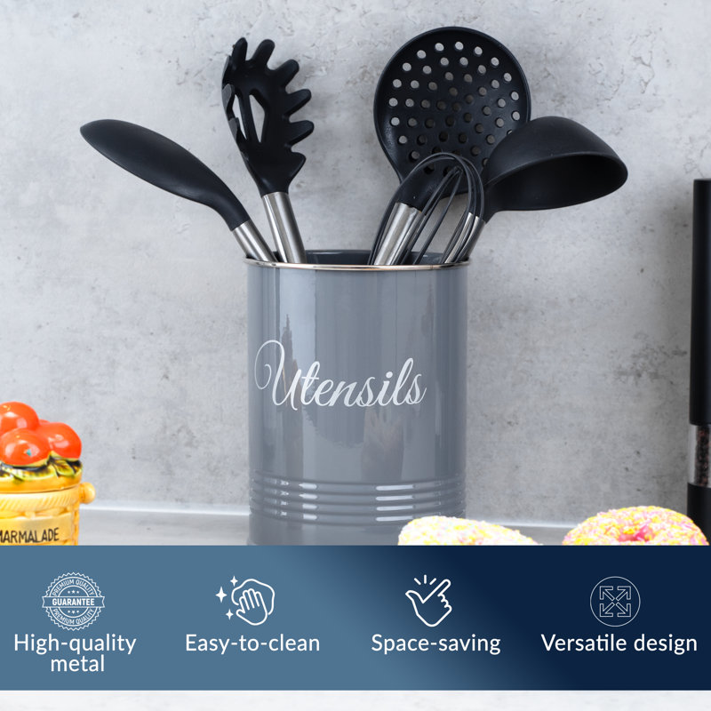 Metal Round Utensil Crock, Grey