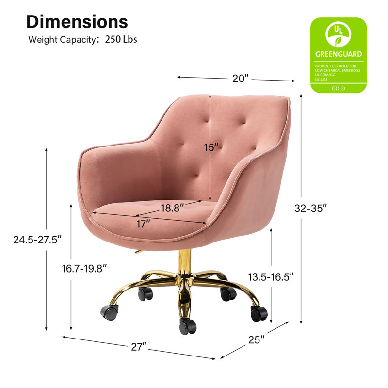 Chaise de travail Clio à hauteur réglable, Velours rose