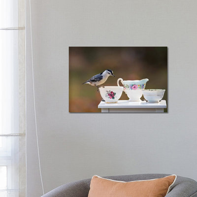 Nuthatch And Tea Set by Karen Burke - Wrapped Canvas Print