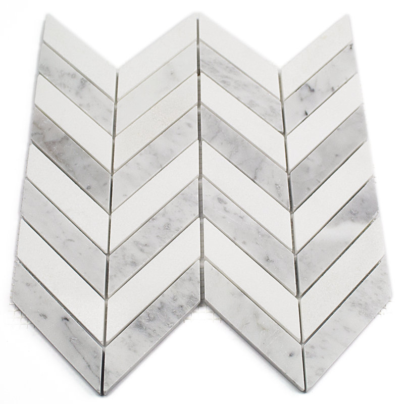 Dart 1" x 3" Marble Herringbone Mosaic Wall & Floor Use Tile, Carrara/Thassos