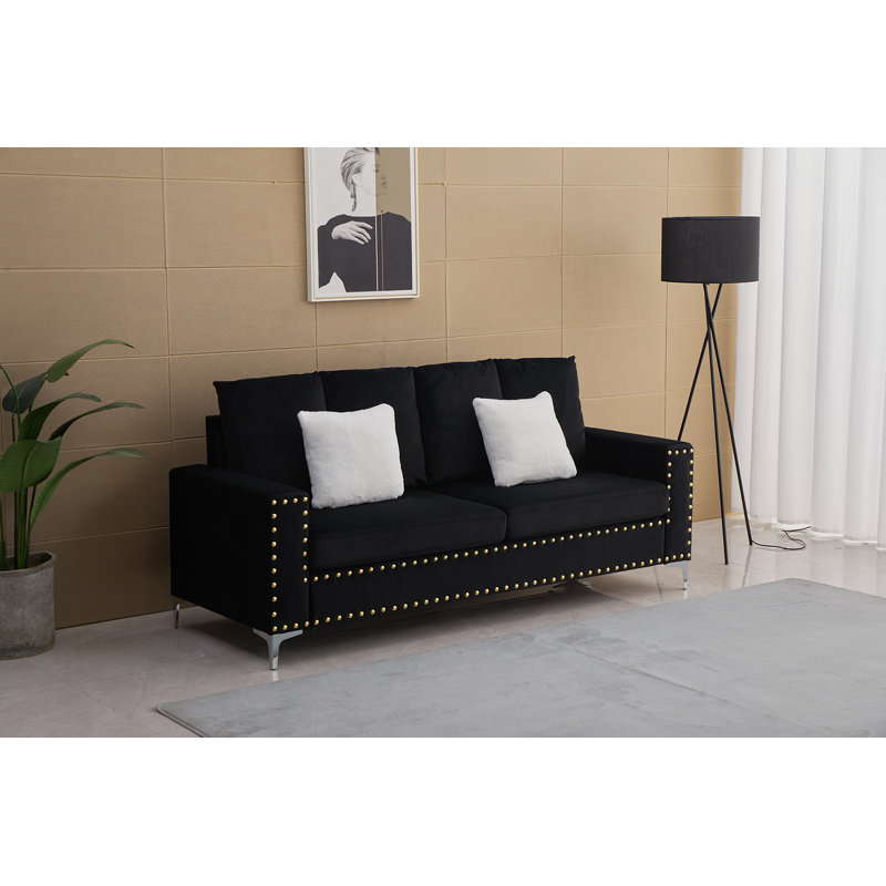 Canapé à accoudoirs carrés en velours de 82 po Wilcox, Velours noir