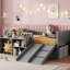 Lit mezzanine bas pour lit simple avec glissade, rangement mobile et bois massif gris, espace de sommeil agréable pour la chambre à coucher