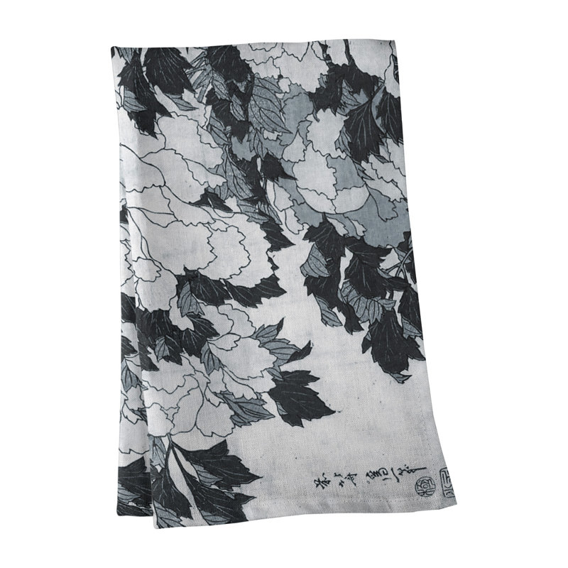 Serviette de thé pivoines et papillon, Gris et rouge, Polyester sergé