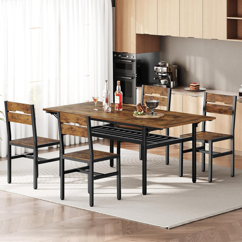 Dining Chairs Set of 4, Rustic Wooden Kitchen Chairs with Backrests and Metal Frame, Modern Farmhouse Dinner Chairs for Kitchen, Easy Assembly, Dining Room