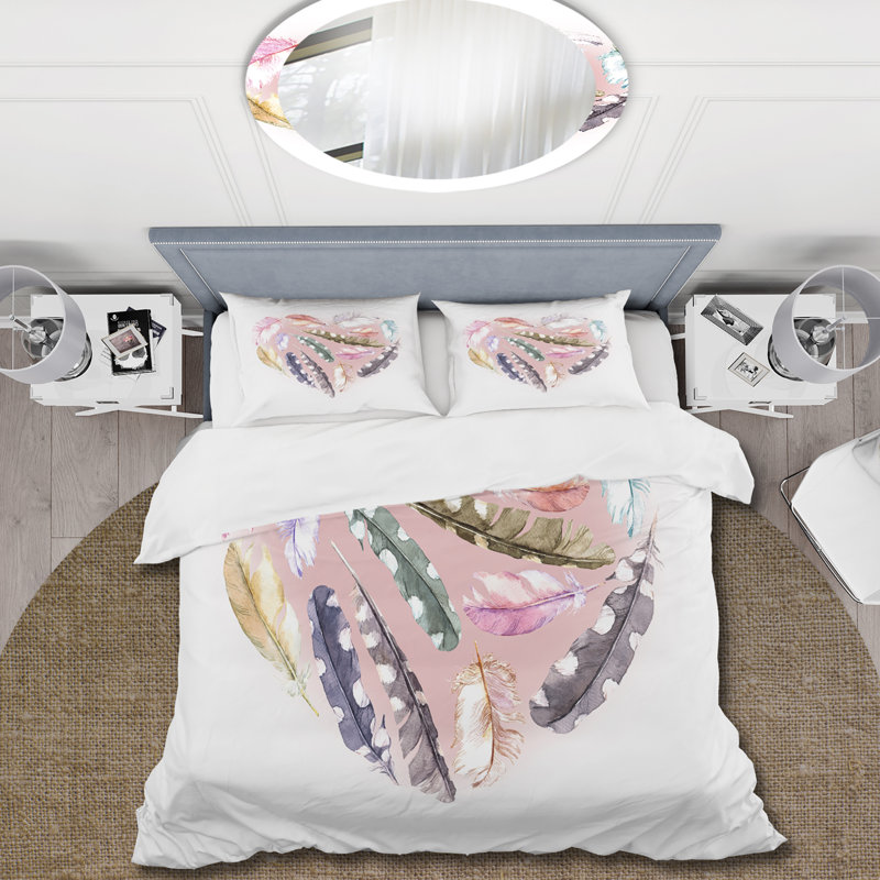 Ensemble de housse de couette bohème et éclectique Ethnic Feather Heart - Microfibre polyester