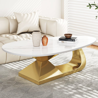 51.2'' Marble Oval Coffee Table,Luxury Living Room Table, White Coffee Table with Gold Base, Modern Centre Table for Office
