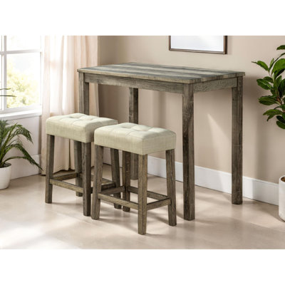 Table de salle à manger 3 pièces - table en bois d'hévéa et 2 tabourets, siège, table de meuble transitionnel brun / beige, beige / brun