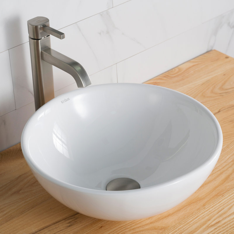 White Ceramic Round Vessel Sink with Satin Nickel Faucet